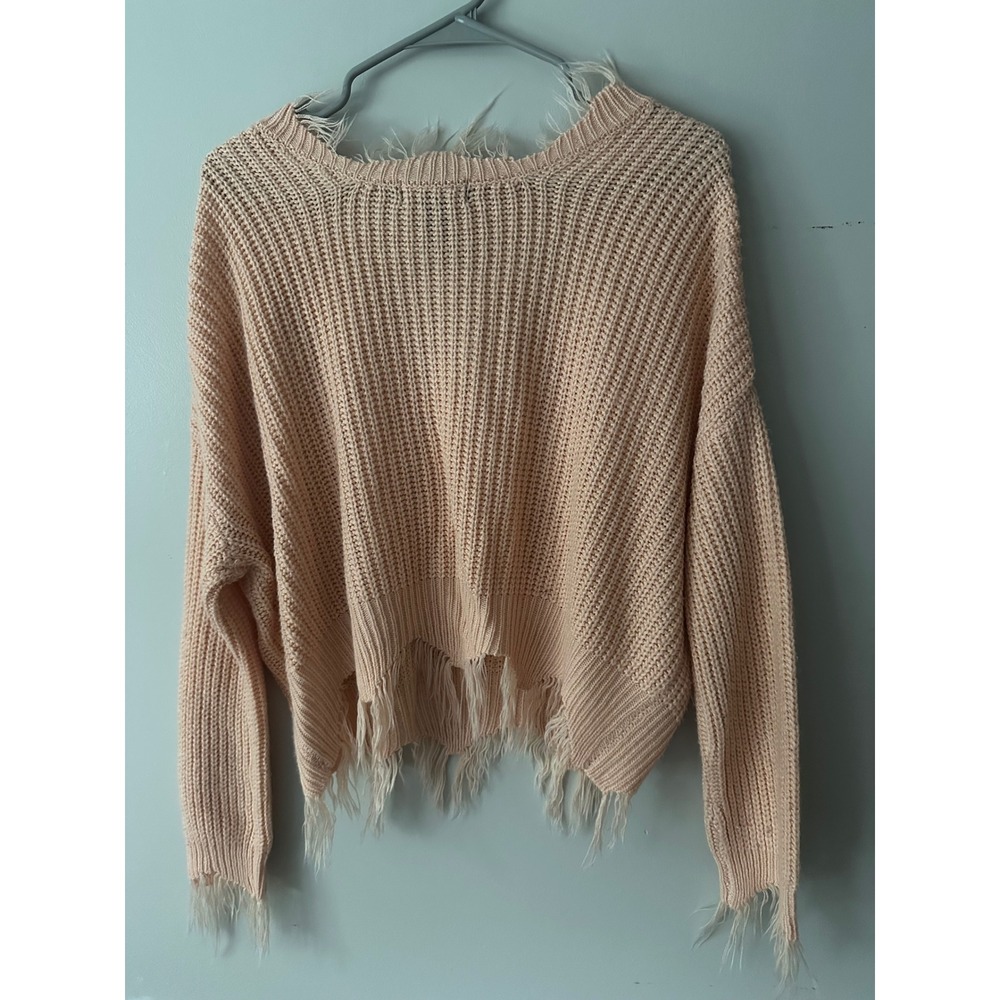 Just Polly New York Distressed Frayed V-Neck Sweater Peach Apricot Shaker Knit S - Picture 2 of 6